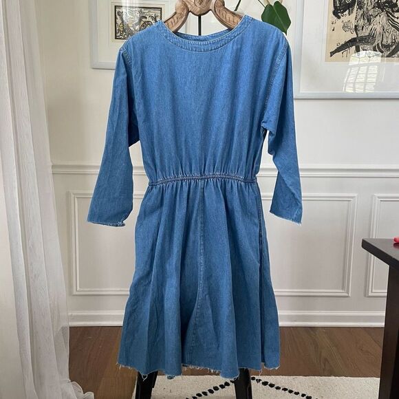 Vintage 90s Coldwater Creek Chambray Denim Dress Raw Hem Blue Small Petite - Picture 1 of 7